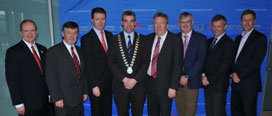(l-r) Dr Stephen Anderson, US Embassy, Dr Michael Murphy, UCC (Chair), Mr Brian Cotter, American Chamber of Commerce Ireland, Mr Tim Lombard, Mayor, Cork County Council, Mr Brendan Keane, IBEC & General Manager, FMC Cork, Mr Brian Cassidy, Cork City Council, Dr Donncha Kavanagh, UCC, and Mr Kevin O’Leary, CEO, Qumas